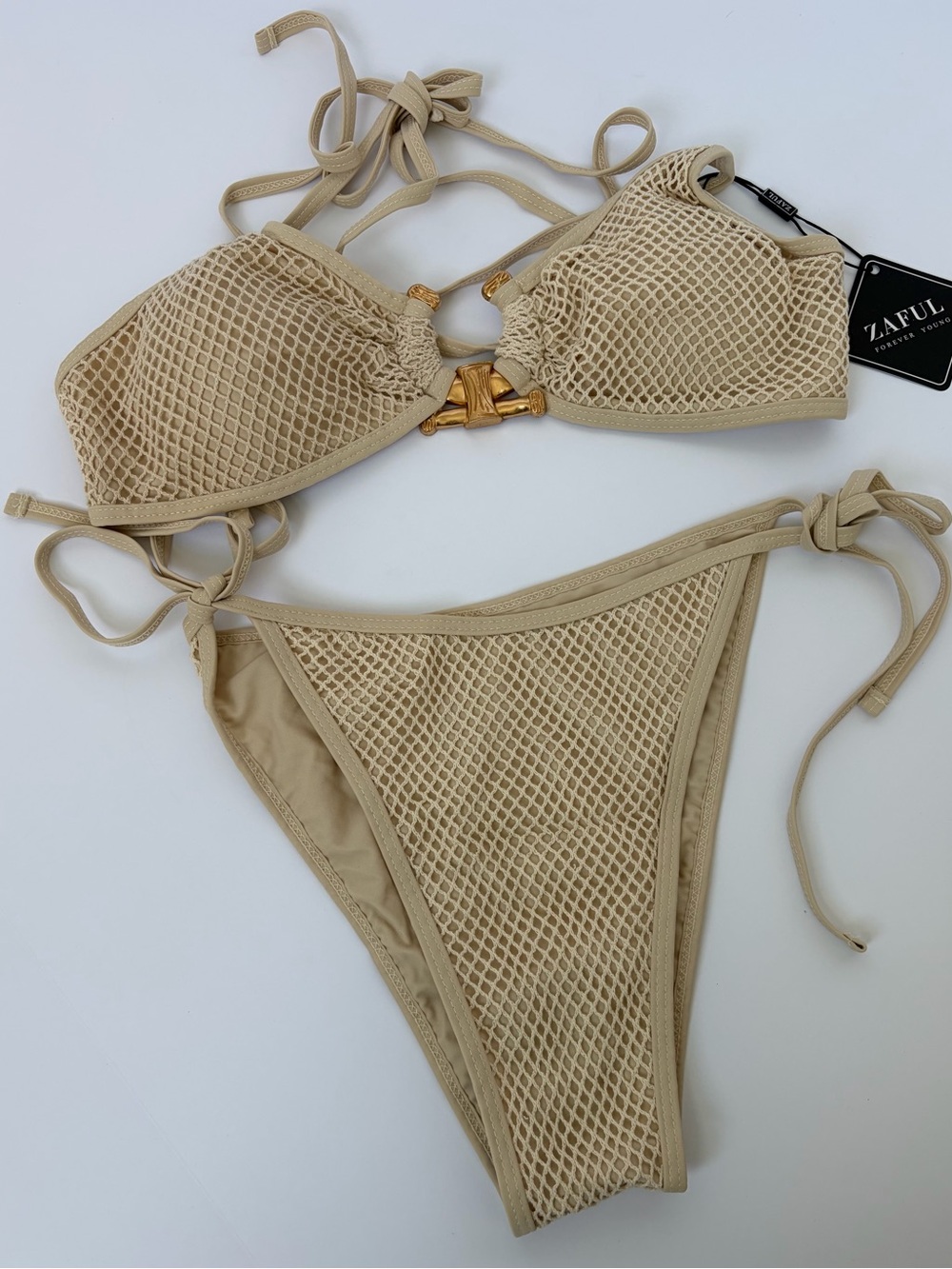 Zaful Beige Mesh Tie-Side Bikini with Gold Accent